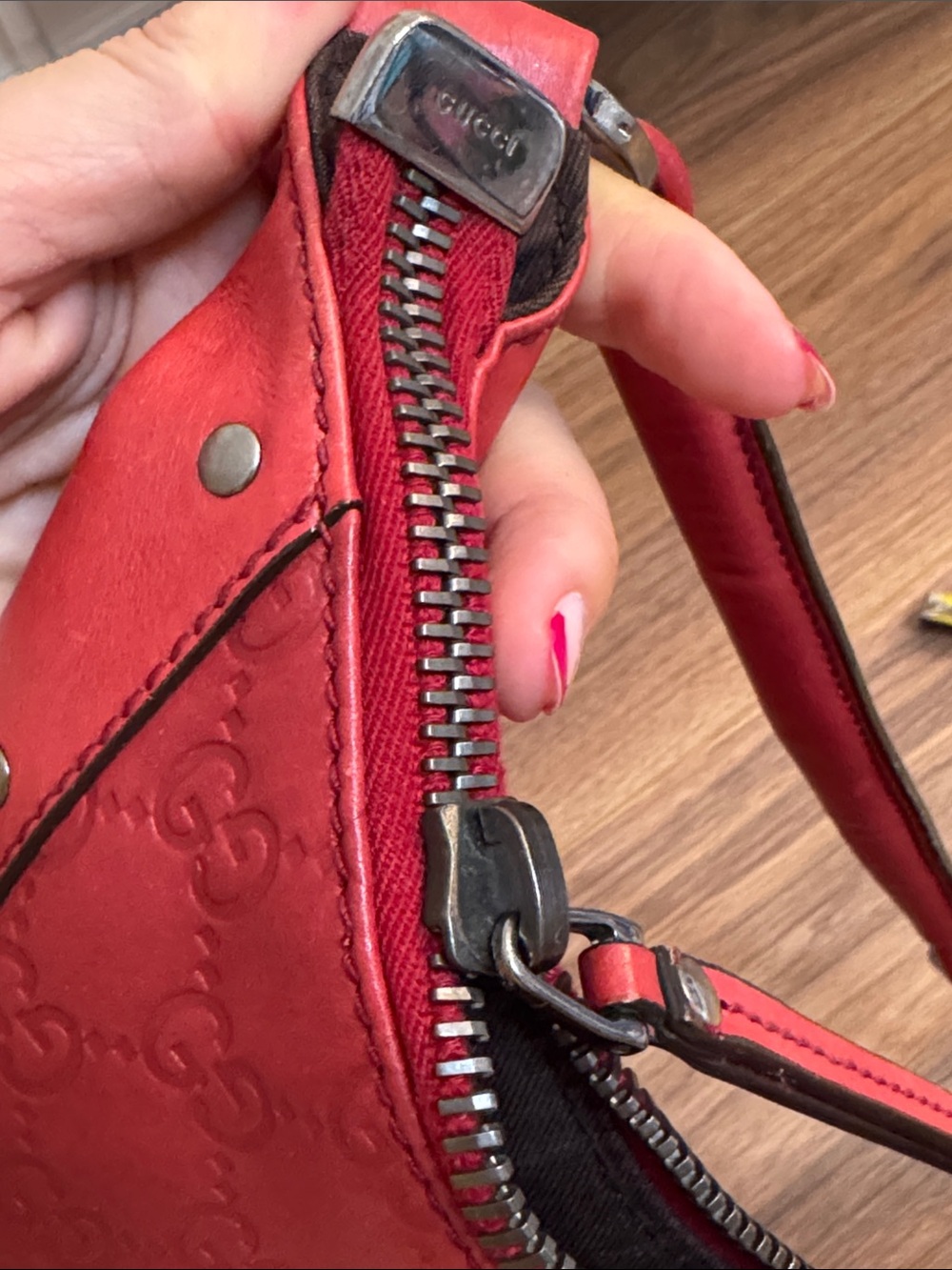Gucci Red Monogram Leather Hobo Shoulder Bag - Picture 8 of 16